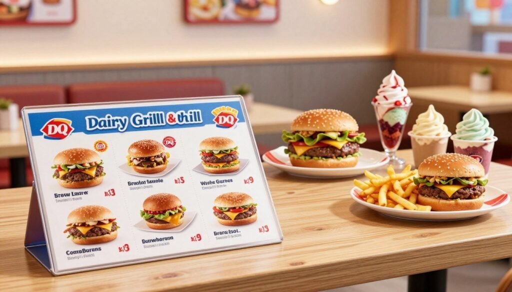 A beautifully arranged Dairy Queen Grill & Chill menu display, showcasing a variety of food items like juicy burgers, crispy fries, and colorful ice cream treats. In the foreground, a wooden table holds a neatly designed menu board featuring enticing food images and prices, with bright lighting that evokes a warm and inviting atmosphere. In the middle ground, there is a vibrant selection of food items presented on plates, highlighting their textures and colors, set against a clean and modern restaurant backdrop. The background consists of a cozy dining area with subtle hints of Dairy Queen branding and soft, ambient lighting that gives a friendly, family-oriented vibe. The overall mood is appetizing and cheerful, encouraging viewers to explore the value and delicious offerings of Dairy Queen Grill & Chill. A beautifully arranged Dairy Queen Grill & Chill menu display, showcasing a variety of food items like juicy burgers, crispy fries, and colorful ice cream treats. In the foreground, a wooden table holds a neatly designed menu board featuring enticing food images and prices, with bright lighting that evokes a warm and inviting atmosphere. In the middle ground, there is a vibrant selection of food items presented on plates, highlighting their textures and colors, set against a clean and modern restaurant backdrop. The background consists of a cozy dining area with subtle hints of Dairy Queen branding and soft, ambient lighting that gives a friendly, family-oriented vibe. The overall mood is appetizing and cheerful, encouraging viewers to explore the value and delicious offerings of Dairy Queen Grill & Chill.