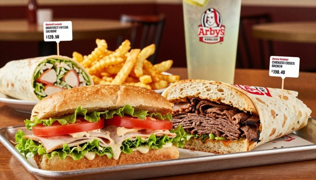 A beautifully arranged platter of Arby's Market Fresh Sandwiches, showcasing a variety of options like Turkey & Swiss, Classic Roast Beef, and a Chicken Caesar Wrap. The foreground features a close-up of two sandwiches, highlighting fresh ingredients like crisp lettuce, juicy tomatoes, and creamy sauces. In the middle ground, display a balanced meal setting with a side of curly fries and a soft drink, while nutritious labels subtly overlay the food items, emphasizing their calorie counts and ingredients without displaying any text. The background includes an inviting, warm restaurant ambiance with wooden tables and soft, diffused lighting that enhances the appetizing colors of the food. The overall mood is friendly and appetizing, appealing to health-conscious consumers.