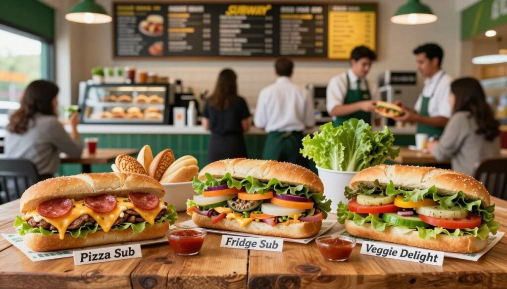 A colorful, inviting scene showcasing unique Subway secret menu items displayed on a rustic wood table. In the foreground, there are creative sandwiches like the "Pizza Sub" with melted cheese and pepperoni, the "Fridge Sub" filled with various leftovers, and the "Veggie Delight" overflowing with fresh, vibrant vegetables. The middle ground features detailed ingredients like fresh bread rolls, leafy greens, and sauces artfully arranged. In the background, a soft-focus Subway restaurant interior with bright lighting illuminates the menu board and enthusiastic staff in professional attire interacting with customers. The mood is playful and intriguing, inviting viewers to explore different sandwich options while highlighting the theme of secret menu hacks. The composition is shot from a slightly elevated angle to capture depth and detail.