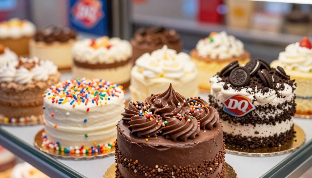 A display of beautifully decorated Dairy Queen Blizzard Cakes, showcasing a variety of enticing flavors and toppings. In the foreground, highlight a rich Chocolate Blizzard Cake, adorned with swirls of creamy fudge and crushed candy toppings, glistening under soft, warm lighting. In the middle, place an assortment of cakes, including a classic Vanilla Blizzard Cake with vibrant sprinkles and a rich Oreo Blizzard Cake with cookie crumbles on top. The background features a soft-focus Dairy Queen store ambiance, emphasizing the inviting and family-friendly atmosphere. Use a slightly angled perspective to create depth, capturing the cakes' textures and vibrant colors. The mood is cheerful and festive, perfect for celebrating special occasions. A display of beautifully decorated Dairy Queen Blizzard Cakes, showcasing a variety of enticing flavors and toppings. In the foreground, highlight a rich Chocolate Blizzard Cake, adorned with swirls of creamy fudge and crushed candy toppings, glistening under soft, warm lighting. In the middle, place an assortment of cakes, including a classic Vanilla Blizzard Cake with vibrant sprinkles and a rich Oreo Blizzard Cake with cookie crumbles on top. The background features a soft-focus Dairy Queen store ambiance, emphasizing the inviting and family-friendly atmosphere. Use a slightly angled perspective to create depth, capturing the cakes' textures and vibrant colors. The mood is cheerful and festive, perfect for celebrating special occasions.