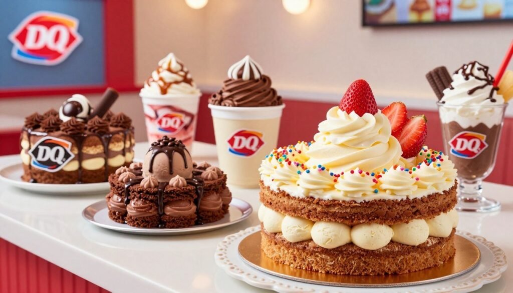 A stunning display of Dairy Queen's signature ice cream cakes, featuring a variety of flavors like chocolate, vanilla, and strawberry. The foreground showcases a beautifully decorated DQ cake, layered with creamy frosting and colorful sprinkles, placed on a decorative cake stand. In the middle, additional cakes and treats such as Blizzard cups and sundaes are artfully arranged, enticing with their rich textures and vibrant colors. The background features a cheerful Dairy Queen shop setting with soft, warm lighting that creates an inviting atmosphere. The angle captures the delicious desserts at a slightly elevated viewpoint, enhancing their allure. This image should evoke feelings of joy and indulgence, representing the delightful experience of enjoying Dairy Queen's ice cream creations. A stunning display of Dairy Queen's signature ice cream cakes, featuring a variety of flavors like chocolate, vanilla, and strawberry. The foreground showcases a beautifully decorated DQ cake, layered with creamy frosting and colorful sprinkles, placed on a decorative cake stand. In the middle, additional cakes and treats such as Blizzard cups and sundaes are artfully arranged, enticing with their rich textures and vibrant colors. The background features a cheerful Dairy Queen shop setting with soft, warm lighting that creates an inviting atmosphere. The angle captures the delicious desserts at a slightly elevated viewpoint, enhancing their allure. This image should evoke feelings of joy and indulgence, representing the delightful experience of enjoying Dairy Queen's ice cream creations.