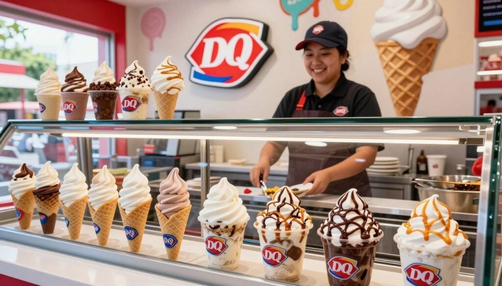 A vibrant Dairy Queen ice cream shop display showcasing an array of frozen treats on a sunny day. In the foreground, a colorful assortment of classic ice cream cones, Blizzard cups filled with various toppings, and refreshing sundaes drizzled with chocolate and caramel sauce. The middle ground features a friendly employee in a Dairy Queen uniform, smiling and serving customers. In the background, bright signage of the Dairy Queen logo and cheerful, painted graphics of melting ice cream cones enhance the inviting atmosphere. Soft, natural lighting fills the scene, creating a friendly and warm ambiance. The angle captures the delights from a slightly elevated perspective, making the treats appear enticing and delectable. A vibrant Dairy Queen ice cream shop display showcasing an array of frozen treats on a sunny day. In the foreground, a colorful assortment of classic ice cream cones, Blizzard cups filled with various toppings, and refreshing sundaes drizzled with chocolate and caramel sauce. The middle ground features a friendly employee in a Dairy Queen uniform, smiling and serving customers. In the background, bright signage of the Dairy Queen logo and cheerful, painted graphics of melting ice cream cones enhance the inviting atmosphere. Soft, natural lighting fills the scene, creating a friendly and warm ambiance. The angle captures the delights from a slightly elevated perspective, making the treats appear enticing and delectable.