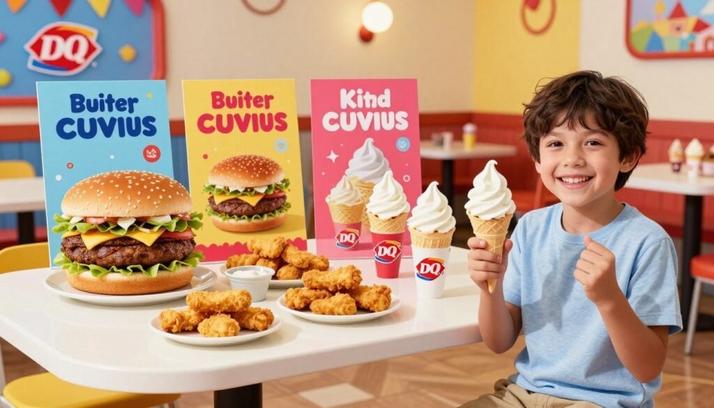 A vibrant and inviting Dairy Queen kids menu promotion featuring a colorful array of fun meal items like mini burgers, chicken strips, and ice cream treats. In the foreground, a cheerful child, around 8 years old, with modest casual clothing, is holding a delicious ice cream cone, smiling brightly. The middle ground displays a lively table filled with various kid-friendly meals and colorful promotional banners showcasing special deals. The background features a Dairy Queen restaurant setting with a playful atmosphere, bright and warm lighting, emphasizing the fun and excitement of dining out with kids. The composition captures a joyful, family-friendly vibe, perfect for highlighting the Dairy Queen kids menu and its special promotions. A vibrant and inviting Dairy Queen kids menu promotion featuring a colorful array of fun meal items like mini burgers, chicken strips, and ice cream treats. In the foreground, a cheerful child, around 8 years old, with modest casual clothing, is holding a delicious ice cream cone, smiling brightly. The middle ground displays a lively table filled with various kid-friendly meals and colorful promotional banners showcasing special deals. The background features a Dairy Queen restaurant setting with a playful atmosphere, bright and warm lighting, emphasizing the fun and excitement of dining out with kids. The composition captures a joyful, family-friendly vibe, perfect for highlighting the Dairy Queen kids menu and its special promotions.