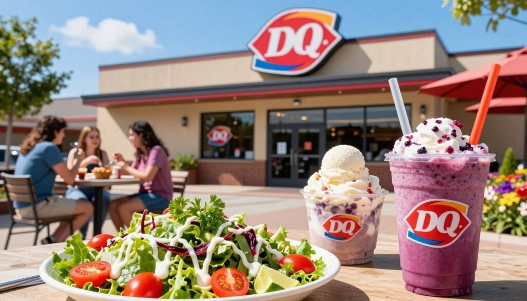 A vibrant and inviting Dairy Queen summer specials display, featuring a colorful assortment of healthy menu options like fresh salads, smoothie bowls, and light ice cream treats. In the foreground, a beautifully arranged salad with bright greens, cherry tomatoes, and a drizzle of dressing, alongside a refreshing berry smoothie in a clear cup with a straw. In the middle, a cheerful Dairy Queen location with customers enjoying their meals at outdoor tables under a clear blue sky, showcasing a sense of community and warmth. The background includes the Dairy Queen sign, with summer flowers blooming around it. The image is well-lit, capturing the sun's rays, and features a slightly angled view to give depth and perspective, creating a lively and appetizing atmosphere. A vibrant and inviting Dairy Queen summer specials display, featuring a colorful assortment of healthy menu options like fresh salads, smoothie bowls, and light ice cream treats. In the foreground, a beautifully arranged salad with bright greens, cherry tomatoes, and a drizzle of dressing, alongside a refreshing berry smoothie in a clear cup with a straw. In the middle, a cheerful Dairy Queen location with customers enjoying their meals at outdoor tables under a clear blue sky, showcasing a sense of community and warmth. The background includes the Dairy Queen sign, with summer flowers blooming around it. The image is well-lit, capturing the sun's rays, and features a slightly angled view to give depth and perspective, creating a lively and appetizing atmosphere.