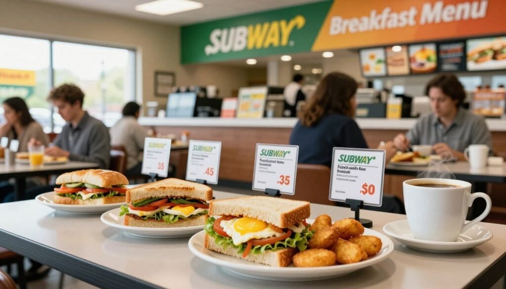 A vibrant and inviting breakfast scene depicting Subway's breakfast menu prices. In the foreground, a neatly arranged table displays a variety of Subway breakfast items, such as a sandwich with egg and vegetables, a side of hash browns, and a cup of fresh coffee. Each item is labeled with visible, but non-distracting price tags. In the middle ground, a well-lit Subway restaurant interior showcases a modern design with colorful signage highlighting "Breakfast Menu" in the background. Soft, natural lighting filters from large windows, creating a warm and welcoming atmosphere. The angle captures the essence of a busy morning, with subtle hints of patrons enjoying their meals in modest, professional attire. The overall mood is cheerful and energizing, embodying the concept of fueling your day right.