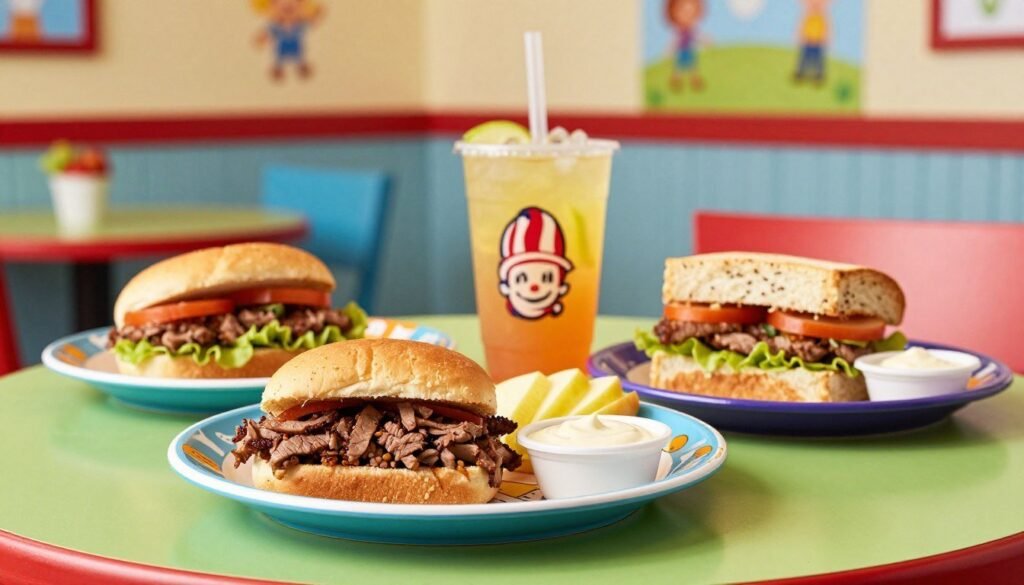 A vibrant and inviting image showcasing a selection of Arby's Kids Menu items, arranged on a colorful, kid-friendly table setting. In the foreground, highlight a balanced meal featuring a small roast beef sandwich, a side of apple slices, and a low-fat dipping sauce, all presented on a playful, cartoon-themed plate. In the middle, add a bright, refreshing drink in a fun cup, designed for children. The background features a soft-focus restaurant interior, decorated with cheerful colors and playful artwork, evoking a warm and welcoming atmosphere. The lighting is bright and soft, enhancing the appetizing look of the food. Capture the spirit of family-friendly dining, ensuring a wholesome feel that appeals to parents looking for healthier meal options for their children.