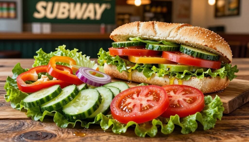 A vibrant assortment of fresh Subway veggie options laid out on a rustic wooden tabletop. In the foreground, showcase a colorful platter filled with sliced cucumbers, bell peppers, ripe tomatoes, leafy romaine lettuce, and red onions, all glistening with dew. In the middle ground, feature an inviting Subway sandwich with a variety of these veggies piled high and a drizzle of olive oil, emphasizing the plant-based alternatives. The background should include a subtle, blurred representation of a Subway shop interior, with warm lighting casting a soft glow, creating a cozy, inviting atmosphere. The overall mood is fresh, healthy, and appetizing, ideal for showcasing nutritious eating choices. The perspective should be slightly above eye level, capturing a dynamic and lively feel while focusing on the colorful ingredients.