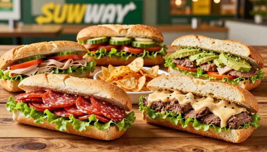 A vibrant display of Subway Premium Sandwiches, artfully arranged on a rustic wooden table. In the foreground, a mouthwatering assortment of sandwiches showcasing fresh ingredients: a spicy Italian filled with layers of pepperoni and salami, a classic turkey avocado with vibrant green lettuce, and a hearty steak and cheese drizzled with zesty sauce, all on freshly baked bread. In the middle, a side of crispy baked chips and a colorful selection of fresh vegetables, enhancing the meal experience. The background features a softly blurred Subway restaurant interior with warm lighting creating an inviting atmosphere. The scene captures the essence of a satisfying meal, evoking feelings of excitement and hunger. The camera angle is slightly overhead, giving depth and prominence to the delicious sandwiches while maintaining a clean, appetizing aesthetic.