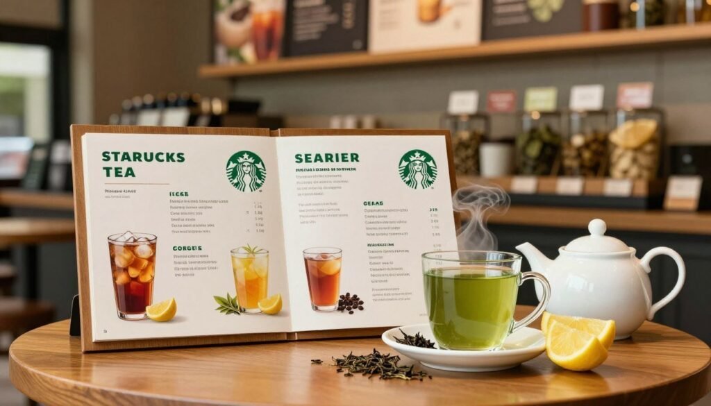 A beautifully arranged Starbucks tea menu displayed on a wooden café table, showcasing a variety of tea options such as refreshing iced teas, vibrant herbal blends, and classic hot teas. In the foreground, a steaming mug of matcha green tea, surrounded by loose tea leaves and a few lemon wedges, invitingly placed next to an elegant teapot. The middle ground features the Starbucks logo subtly incorporated into the menu design, with vibrant colors and elegant fonts highlighting tea names and descriptions. The background includes a softly blurred cafe ambiance with warm lighting, elegant wooden shelves filled with tea accessories, and herbal displays. The mood is relaxing and inviting, capturing the essence of a cozy tea experience. Emphasize natural lighting with a soft glow that enhances the tranquility of the setting. A beautifully arranged Starbucks tea menu displayed on a wooden café table, showcasing a variety of tea options such as refreshing iced teas, vibrant herbal blends, and classic hot teas. In the foreground, a steaming mug of matcha green tea, surrounded by loose tea leaves and a few lemon wedges, invitingly placed next to an elegant teapot. The middle ground features the Starbucks logo subtly incorporated into the menu design, with vibrant colors and elegant fonts highlighting tea names and descriptions. The background includes a softly blurred cafe ambiance with warm lighting, elegant wooden shelves filled with tea accessories, and herbal displays. The mood is relaxing and inviting, capturing the essence of a cozy tea experience. Emphasize natural lighting with a soft glow that enhances the tranquility of the setting.