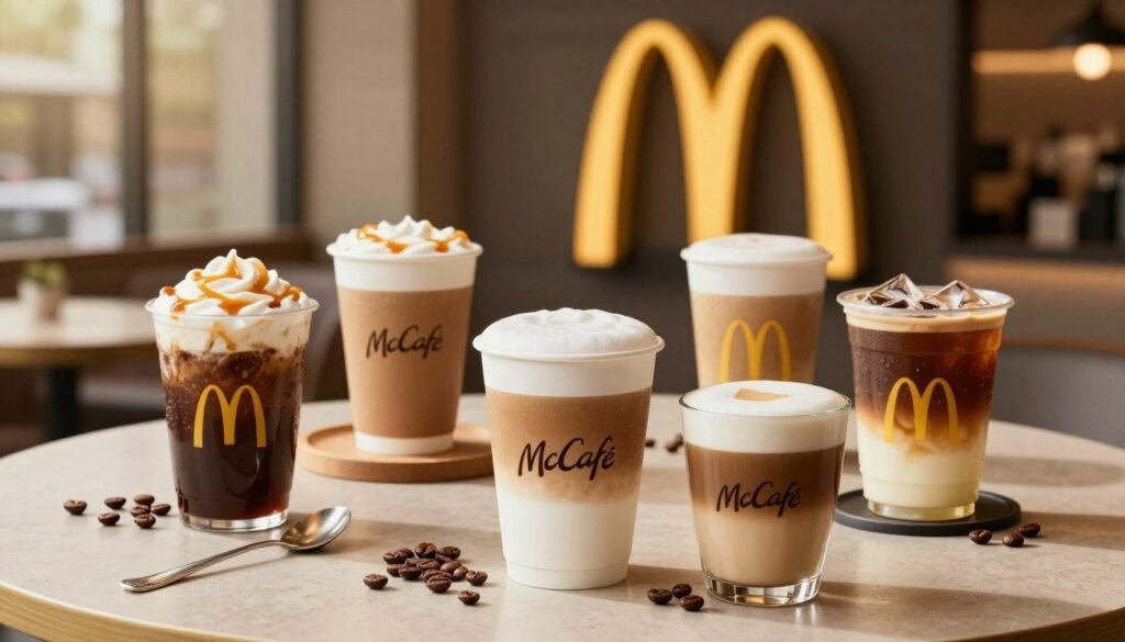 A beautifully arranged display of McDonald's McCafé coffee drinks, featuring a variety of beverages such as a rich caramel macchiato, a frothy cappuccino, and a refreshing iced coffee. In the foreground, the drinks are served in branded McCafé cups, each showcasing different layers of coffee and cream, with a drizzle of syrup on top. Adorning the scene are coffee beans and an elegant spoon. The middle layer includes a soft, inviting café table with subtle décor elements, offering a warm atmosphere. In the background, softly blurred golden arches of a McDonald's location are illuminated by gentle afternoon sunlight, creating a cozy ambiance. The mood is inviting and refreshing, perfect for a midday coffee break, captured with a shallow depth of field and crisp focus on the drinks.