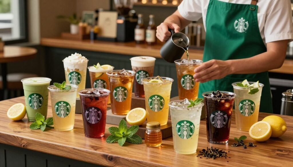 A beautifully arranged display of Starbucks tea customization options on a rustic wooden table. In the foreground, various tea bases such as green, black, and herbal are presented in elegant clear cups, showcasing their vibrant colors. In the middle, an array of fresh ingredients like mint leaves, lemon slices, and honey jars are artfully organized, inviting viewers to explore flavor combinations. In the background, a softly lit Starbucks café ambiance is visible, with warm lighting creating a cozy atmosphere. A barista, dressed in a professional green apron, attentively prepares a tea drink, adding to the engaging scene. The overall mood is inviting and serene, with a focus on the rich textures and colors of the tea customization experience. High-quality, natural lighting enhances the freshness and appeal of the ingredients. A beautifully arranged display of Starbucks tea customization options on a rustic wooden table. In the foreground, various tea bases such as green, black, and herbal are presented in elegant clear cups, showcasing their vibrant colors. In the middle, an array of fresh ingredients like mint leaves, lemon slices, and honey jars are artfully organized, inviting viewers to explore flavor combinations. In the background, a softly lit Starbucks café ambiance is visible, with warm lighting creating a cozy atmosphere. A barista, dressed in a professional green apron, attentively prepares a tea drink, adding to the engaging scene. The overall mood is inviting and serene, with a focus on the rich textures and colors of the tea customization experience. High-quality, natural lighting enhances the freshness and appeal of the ingredients.