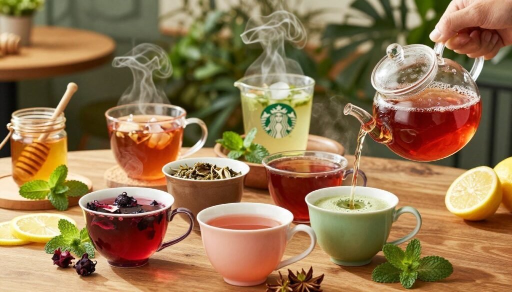 A beautifully arranged display of various Starbucks tea flavors in an elegant setting. In the foreground, a clear glass teapot is pouring vibrant, steaming herbal tea into colorful ceramic cups, showcasing flavors like hibiscus, chai, and matcha. The middle layer features an inviting wooden table adorned with fresh green mint leaves, slices of lemon, and honey jars, emphasizing the natural ingredients. In the background, soft-focus lush greenery and cozy café ambiance create a warm atmosphere, illuminated by soft, natural lighting that enhances the colors of the teas. The overall mood is refreshing and soothing, reflecting health and wellness, perfect for showcasing the benefits of Starbucks tea options. Capture the scene from a slightly elevated angle to highlight the details beautifully. A beautifully arranged display of various Starbucks tea flavors in an elegant setting. In the foreground, a clear glass teapot is pouring vibrant, steaming herbal tea into colorful ceramic cups, showcasing flavors like hibiscus, chai, and matcha. The middle layer features an inviting wooden table adorned with fresh green mint leaves, slices of lemon, and honey jars, emphasizing the natural ingredients. In the background, soft-focus lush greenery and cozy café ambiance create a warm atmosphere, illuminated by soft, natural lighting that enhances the colors of the teas. The overall mood is refreshing and soothing, reflecting health and wellness, perfect for showcasing the benefits of Starbucks tea options. Capture the scene from a slightly elevated angle to highlight the details beautifully.