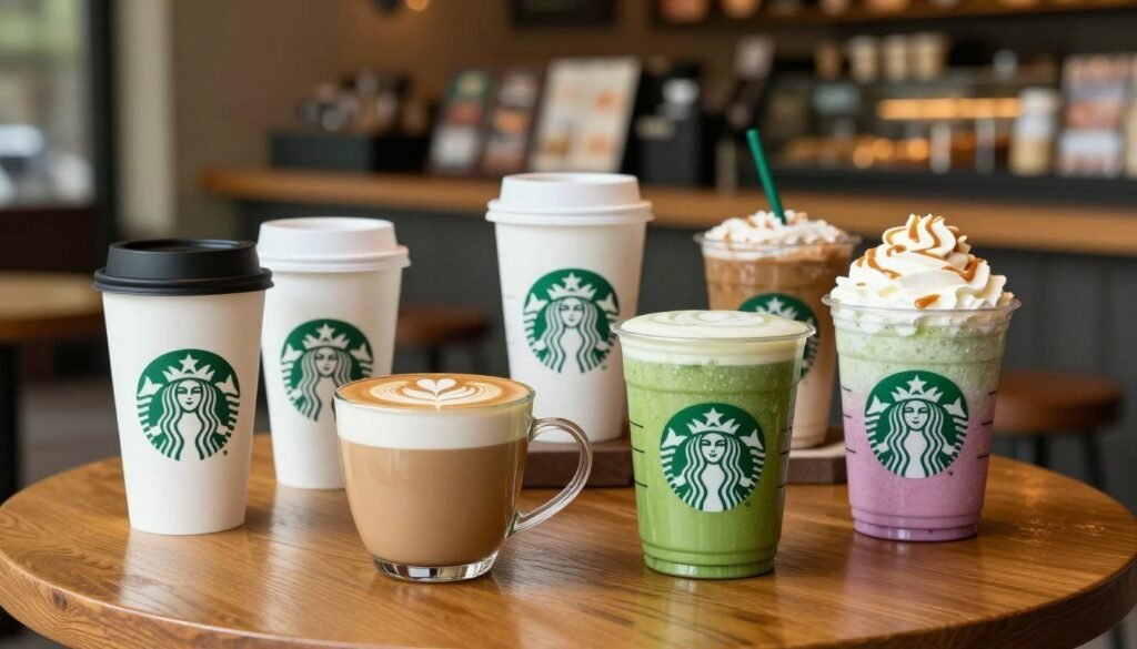 A beautifully arranged selection of Starbucks specialty drinks displayed on a polished wooden table. In the foreground, showcase a vibrant Caramel Macchiato with intricate latte art, a refreshing Matcha Green Tea Latte with a bright green hue, and a colorful Frappuccino topped with whipped cream and drizzles. In the middle ground, include a variety of stylish drinkware, like reusable cups and classic Starbucks mugs, filled with seasonal beverages. The background features a cozy Starbucks café ambiance with blurred vintage decor, warm lighting, and soft bokeh effect. Capture the essence of a lively yet relaxing environment, inviting viewers to indulge in the unique flavors each drink offers. The composition should evoke a sense of comfort and creativity, suitable for coffee enthusiasts. A beautifully arranged selection of Starbucks specialty drinks displayed on a polished wooden table. In the foreground, showcase a vibrant Caramel Macchiato with intricate latte art, a refreshing Matcha Green Tea Latte with a bright green hue, and a colorful Frappuccino topped with whipped cream and drizzles. In the middle ground, include a variety of stylish drinkware, like reusable cups and classic Starbucks mugs, filled with seasonal beverages. The background features a cozy Starbucks café ambiance with blurred vintage decor, warm lighting, and soft bokeh effect. Capture the essence of a lively yet relaxing environment, inviting viewers to indulge in the unique flavors each drink offers. The composition should evoke a sense of comfort and creativity, suitable for coffee enthusiasts.