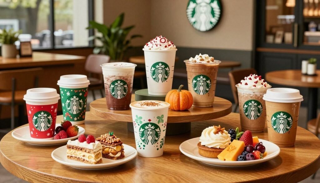 A beautifully arranged table featuring a variety of Starbucks seasonal offerings, including colorful holiday-themed drinks like peppermint mochas and pumpkin spice lattes, accompanied by healthy seasonal snacks. In the foreground, showcase coffee cups with decorative seasonal designs, along with fresh fruit and healthy pastries on elegant plates. The middle layer should depict a softly lit café environment with wood accents, plants, and cozy seating, evoking warmth and comfort. The background features the Starbucks logo subtly displayed, and a large window letting in natural light to enhance the inviting atmosphere. Capture this scene from a slightly elevated angle to provide a comprehensive view, creating a vibrant, health-conscious mood to illustrate the nutritional profiles of the seasonal menu. A beautifully arranged table featuring a variety of Starbucks seasonal offerings, including colorful holiday-themed drinks like peppermint mochas and pumpkin spice lattes, accompanied by healthy seasonal snacks. In the foreground, showcase coffee cups with decorative seasonal designs, along with fresh fruit and healthy pastries on elegant plates. The middle layer should depict a softly lit café environment with wood accents, plants, and cozy seating, evoking warmth and comfort. The background features the Starbucks logo subtly displayed, and a large window letting in natural light to enhance the inviting atmosphere. Capture this scene from a slightly elevated angle to provide a comprehensive view, creating a vibrant, health-conscious mood to illustrate the nutritional profiles of the seasonal menu.