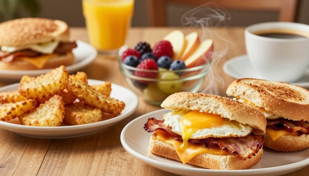 A beautifully arranged table showcasing Wendy's breakfast menu items, including a variety of breakfast sandwiches, a side of hash browns, and a fresh fruit bowl. In the foreground, focus on the steaming sandwiches with fluffy eggs, crispy bacon, and melted cheese. The middle layer features the colorful fruit bowl with vibrant berries and sliced apples, along with the golden-brown hash browns. In the background, softly blurred, there are breakfast beverages like orange juice and coffee. Use warm, natural lighting to create an inviting atmosphere, enhancing the golden hues of the food. The angle should be from a slight overhead perspective, ensuring all items are clearly visible, promoting an appetizing and nutritious feel. The overall mood is cheerful and energizing, perfect for a morning treat.