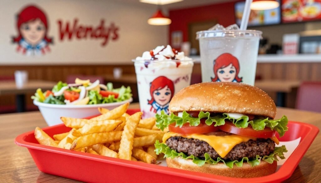 A beautifully arranged table showcasing Wendy’s lunch combos, featuring a vibrant red tray with a classic cheeseburger, crispy fries, and a refreshing drink. The foreground includes close-up details of the juicy burger with fresh lettuce, tomato, and a perfectly melted slice of cheese, alongside a side of golden, crispy fries. In the middle ground, a colorful salad and a decadent Frosty contribute to the enticing spread. The background depicts a cozy Wendy’s restaurant interior with warm lighting, wooden accents, and cheerful décor. The atmosphere reflects a welcoming and casual environment, perfect for enjoying a midday meal. The image is taken from a slightly elevated angle, capturing the delectable items in sharp focus, with a warm, inviting glow that highlights the freshness and appeal of the food.
