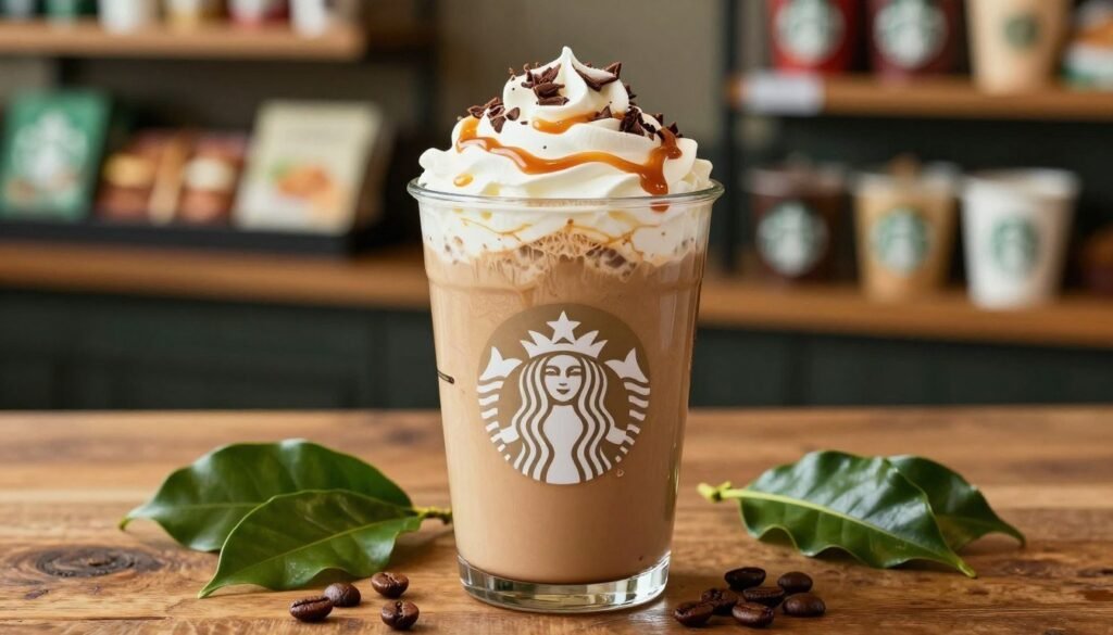 A close-up image of a Starbucks Frappuccino in a tall, transparent cup filled with a rich, creamy blend. The right portion of the glass showcases layers of whipped cream topped with a drizzle of caramel sauce and chocolate shavings, capturing the indulgent texture. Surround the glass with vibrant green coffee leaves and scattered coffee beans on a rustic wooden table to enhance the coffeehouse vibe. Illuminate the scene with soft, natural lighting to create a warm and inviting atmosphere, while the background features blurred shelves filled with Starbucks merchandise and food items, hinting at the café environment. Aim for a shallow depth of field to keep the focus on the frappuccino, creating an enticing and mouth-watering visual. A close-up image of a Starbucks Frappuccino in a tall, transparent cup filled with a rich, creamy blend. The right portion of the glass showcases layers of whipped cream topped with a drizzle of caramel sauce and chocolate shavings, capturing the indulgent texture. Surround the glass with vibrant green coffee leaves and scattered coffee beans on a rustic wooden table to enhance the coffeehouse vibe. Illuminate the scene with soft, natural lighting to create a warm and inviting atmosphere, while the background features blurred shelves filled with Starbucks merchandise and food items, hinting at the café environment. Aim for a shallow depth of field to keep the focus on the frappuccino, creating an enticing and mouth-watering visual.