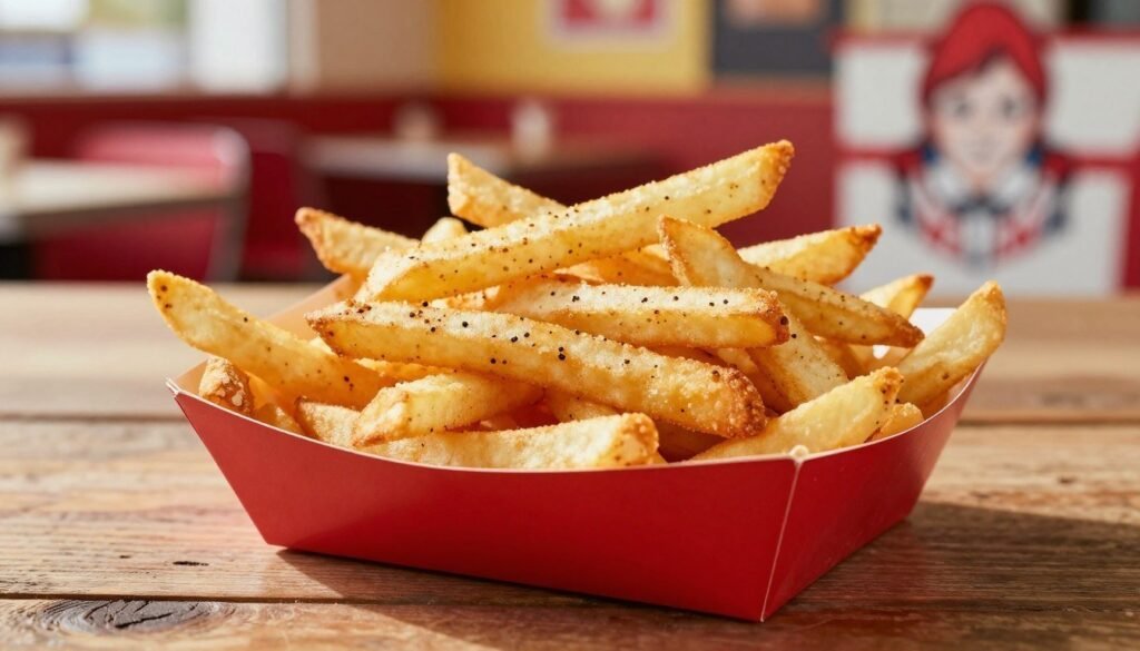 A close-up shot of a serving of Wendy's French fries, beautifully arranged in a red and white cardboard container, showcasing the crispy, golden-brown texture and perfectly seasoned surface. The fries should be placed on a rustic wooden table, providing a warm and inviting atmosphere. Soft natural light spills in from the side, illuminating the fries and creating subtle shadows that enhance their appetizing appeal. In the background, slightly blurred, include a vibrant fast-food restaurant scene with pops of color, hinting at a casual dining atmosphere. The overall mood is cheerful and satisfying, capturing the essence of enjoying a quick snack at Wendy's.