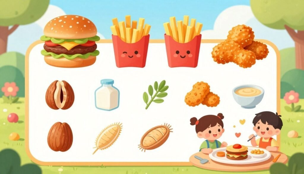 A colorful and engaging illustration of allergen information specifically designed for a kids' menu, featuring food items like burgers, fries, and chicken nuggets, displayed against a cheerful background. The foreground includes cute cartoon-style icons representing common allergens such as nuts, dairy, gluten, and soy, alongside friendly illustrations of kids happily enjoying the meals. In the middle, there’s a vibrant layout showcasing the allergen symbols in a child-friendly manner, encouraging awareness and safety. The background is filled with a sunny, playful landscape, creating an inviting atmosphere. The image is well-lit with soft, warm tones, capturing a joyful and safe dining environment, aiming to resonate with both parents and children. A colorful and engaging illustration of allergen information specifically designed for a kids' menu, featuring food items like burgers, fries, and chicken nuggets, displayed against a cheerful background. The foreground includes cute cartoon-style icons representing common allergens such as nuts, dairy, gluten, and soy, alongside friendly illustrations of kids happily enjoying the meals. In the middle, there’s a vibrant layout showcasing the allergen symbols in a child-friendly manner, encouraging awareness and safety. The background is filled with a sunny, playful landscape, creating an inviting atmosphere. The image is well-lit with soft, warm tones, capturing a joyful and safe dining environment, aiming to resonate with both parents and children.