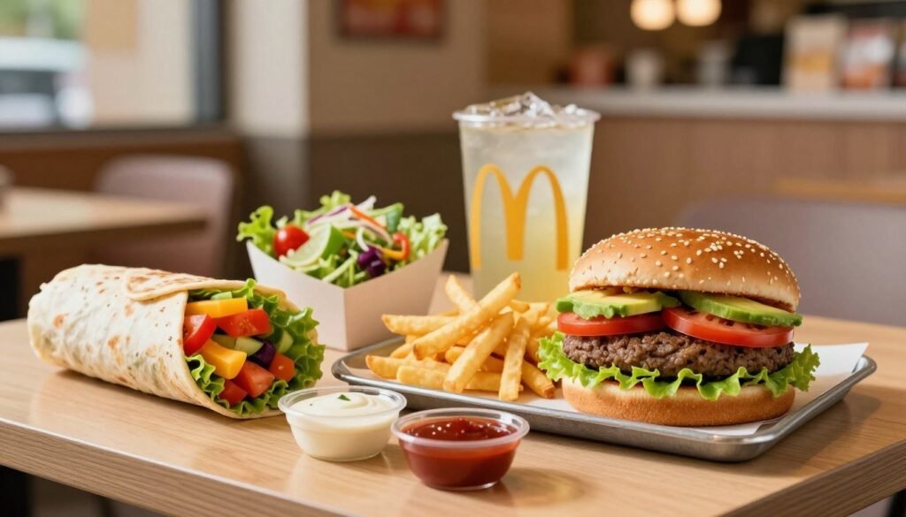 A colorful display of vegetarian alternatives at McDonald's, featuring a variety of items like a vibrant veggie burger with fresh lettuce, tomato, and avocado, alongside crispy fries and a colorful side salad. In the foreground, an attractive wooden table is adorned with a reusable container filled with a plant-based wrap, bursting with colorful vegetables. In the middle, neatly arranged are several dipping sauces in small bowls, along with a refreshing iced drink. The background shows a bright and inviting restaurant environment with warm lighting, softly blurred to keep the focus on the food. The mood is cheerful and appetizing, evoking a sense of health and sustainability. Shot with a shallow depth of field to emphasize the foreground details, reflecting a modern fast-food dining experience.