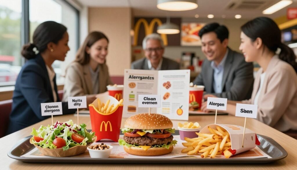 A detailed layout showcasing common allergens in McDonald's menu items. In the foreground, a beautifully arranged platter featuring iconic McDonald's foods such as burgers, fries, and salads, with small, clear labels indicating allergens like nuts, dairy, and gluten. In the middle, a soft-focus depiction of friendly, diverse customers examining an allergen guide, dressed in professional attire, emphasizing a safe dining atmosphere. In the background, a colorful McDonald's restaurant interior, warmly lit with natural light streaming through large windows, creating a welcoming ambiance. The overall mood is informative and reassuring, highlighting the importance of allergen awareness in dining choices.