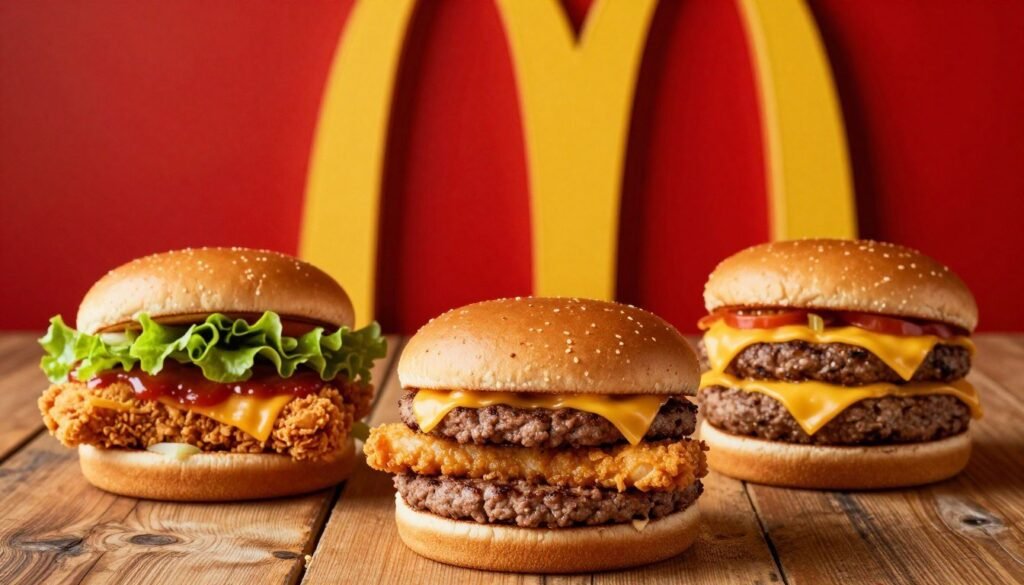 A tantalizing display of McDonald's Secret Menu burgers. In the foreground, highlight three unique burger creations: a "Land, Sea, and Air" burger stacked with a beef patty, fish fillet, and chicken filet, oozy cheese melting over the top. Beside it, the "Big McChicken" with crispy chicken patties replacing the beef, garnished with fresh lettuce and spicy sauce. The "Grilled Cheese" burger, featuring melted cheese between two burger buns, is showcased in mouth-watering detail. In the middle ground, a rustic wooden table with a vibrant red and yellow McDonald's backdrop, enhancing the iconic brand colors. Soft, warm lighting creates an inviting atmosphere, while a shallow depth of field keeps the focus on the burgers. Capture an overall mood of excitement and indulgence, encouraging viewers to explore these hidden menu treasures.