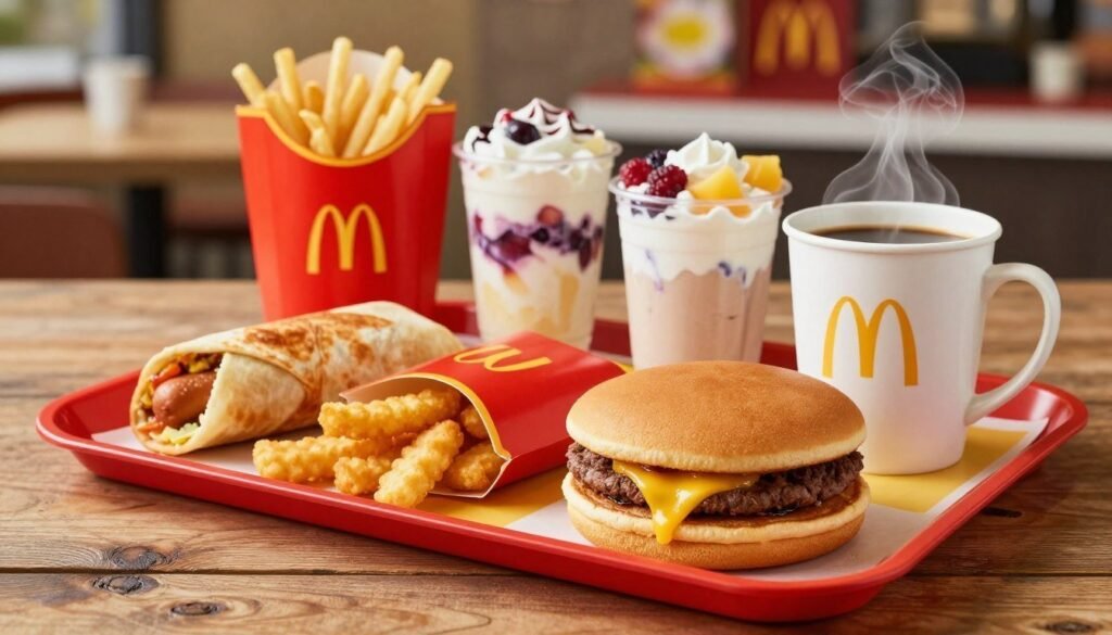A vibrant McDonald's breakfast scene featuring an array of breakfast menu specials like fluffy pancakes, golden hash browns, and freshly brewed coffee displayed on a bright red and yellow tray. In the foreground, a close-up captures a classic Egg McMuffin alongside a steaming cup of coffee, enticingly showcased against a rustic wooden table surface. The middle ground features a variety of breakfast items, such as a sausage burrito and fruit and yogurt parfaits, arranged appealingly. The background is subtly blurred to focus on the food items while hinting at a cozy McDonald's interior with warm lighting and cheerful decor. The atmosphere is inviting and nostalgic, evoking the comfort of a morning meal at McDonald's.