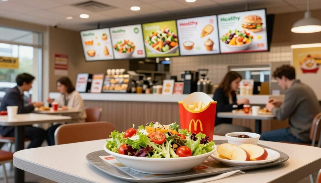 A vibrant McDonald's restaurant interior showcasing an array of healthy menu options. In the foreground, a beautifully arranged table features a colorful garden salad with fresh greens, cherry tomatoes, and a light vinaigrette, alongside a side of apple slices and a low-calorie dipping sauce. The middle ground displays a visual of the menu board highlighting the healthy options, with clear and appetizing images of salads and sides. In the background, the clean, modern design of the restaurant is illuminated by soft, ambient lighting, creating a welcoming atmosphere. A few patrons in smart casual attire enjoy their meals, adding to the sense of community and healthy dining. The angle captures an inviting atmosphere, emphasizing nutrition and balance in fast food eating.