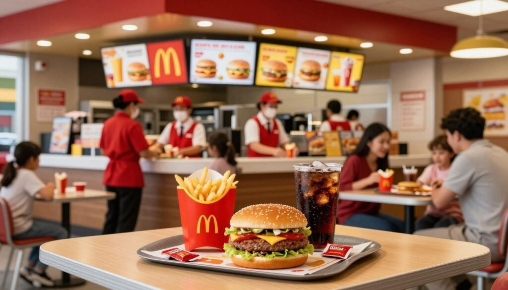 A vibrant McDonald's restaurant interior showcasing an enticing display of core menu items and fan favorites. In the foreground, a shiny wooden table holds a classic Big Mac, crispy fries, and a refreshing soda, garnished with ketchup packets. The middle ground features a bustling counter where employees in smart uniforms serve happy customers. In the background, colorful menu boards highlight daily specials and combo meals, lit by warm overhead lighting that creates an inviting atmosphere. The angle showcases the lively ambiance, with families and friends enjoying their meals. Soft focus enhances the coziness of the scene, emphasizing the iconic red and yellow color scheme. The mood is cheerful and welcoming, perfect for a community gathering spot.