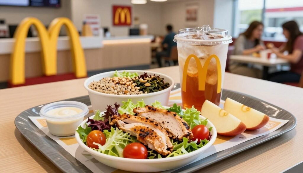 A vibrant McDonald's tray showcasing a selection of healthy meal options in a well-lit fast-food environment. In the foreground, feature a colorful salad with fresh mixed greens, cherry tomatoes, and grilled chicken, beside a small container of low-fat dressing. Next to it, a side of apple slices and a cup of unsweetened iced tea. In the middle, a quinoa and spinach bowl, artfully arranged with a sprinkle of nuts. The background displays the recognizable McDonald's logo and a bright, clean dining area with cheerful patrons enjoying their meals. Capture the scene from a slightly elevated angle to emphasize the freshness of the food, with warm, inviting lighting to create a friendly atmosphere.