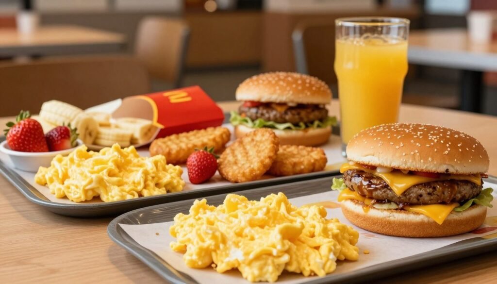 A vibrant and appetizing display of McDonald's breakfast deals on a wooden table, featuring a wide array of breakfast items including golden, fluffy scrambled eggs, crispy hash browns, a sausage McMuffin, and a refreshing orange juice. In the foreground, highlight a close-up of a breakfast sandwich with melted cheese and inviting layers. In the middle, present a neatly arranged platter showcasing the variety of menu items, accentuated by fresh fruit slices like strawberries and bananas. The background should feature a softly blurred McDonald's restaurant interior, with warm lighting to create an inviting atmosphere. Capture the image with a slight top-down angle to emphasize the food while maintaining a cozy and indulgent breakfast vibe.