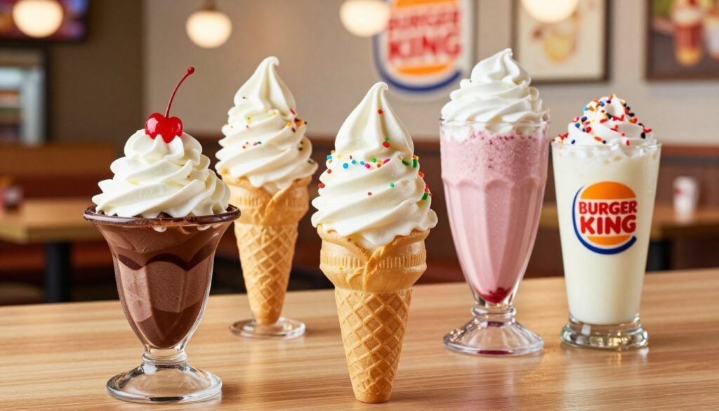 A vibrant and enticing display of Burger King ice cream options, including soft serve cones, sundaes topped with colorful sprinkles, and delicious milkshakes in various flavors. In the foreground, place a tall, indulgent cup of chocolate fudge sundae, garnished with whipped cream and a cherry on top. In the middle, feature a classic soft serve ice cream cone, glossy and inviting, and a strawberry milkshake with a swirl of whipped cream. The background should showcase a cozy, well-lit Burger King interior, emphasizing a warm, inviting atmosphere. Use soft, natural lighting to enhance the creamy textures of the desserts. Capture the scene from a slightly elevated angle to provide a full view of the desserts, creating a mouthwatering, inviting presentation. A vibrant and enticing display of Burger King ice cream options, including soft serve cones, sundaes topped with colorful sprinkles, and delicious milkshakes in various flavors. In the foreground, place a tall, indulgent cup of chocolate fudge sundae, garnished with whipped cream and a cherry on top. In the middle, feature a classic soft serve ice cream cone, glossy and inviting, and a strawberry milkshake with a swirl of whipped cream. The background should showcase a cozy, well-lit Burger King interior, emphasizing a warm, inviting atmosphere. Use soft, natural lighting to enhance the creamy textures of the desserts. Capture the scene from a slightly elevated angle to provide a full view of the desserts, creating a mouthwatering, inviting presentation.
