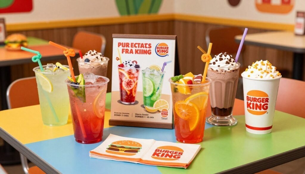 A vibrant and playful scene featuring a variety of kid-friendly drinks from Burger King, arranged on a colorful table. In the foreground, showcase brightly colored cups filled with refreshing beverages like fruit punch, lemonade, and a chocolate milkshake, each topped with playful straws and decorative garnishes. In the middle ground, include a cheerful children's menu highlighting the drinks, along with playful burger-themed napkins. The background should feature a lively Burger King restaurant ambiance with cheerful decor and soft, inviting lighting that creates a warm atmosphere. Use a slightly overhead angle to capture the full arrangement and ensure the setting feels welcoming and fun for kids. The overall mood should be joyful and appetizing, emphasizing the refreshing and delightful nature of the drinks. A vibrant and playful scene featuring a variety of kid-friendly drinks from Burger King, arranged on a colorful table. In the foreground, showcase brightly colored cups filled with refreshing beverages like fruit punch, lemonade, and a chocolate milkshake, each topped with playful straws and decorative garnishes. In the middle ground, include a cheerful children's menu highlighting the drinks, along with playful burger-themed napkins. The background should feature a lively Burger King restaurant ambiance with cheerful decor and soft, inviting lighting that creates a warm atmosphere. Use a slightly overhead angle to capture the full arrangement and ensure the setting feels welcoming and fun for kids. The overall mood should be joyful and appetizing, emphasizing the refreshing and delightful nature of the drinks.