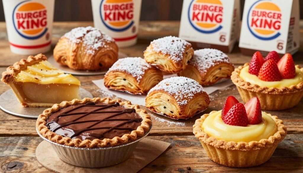 A vibrant arrangement of Burger King pies and baked desserts displayed invitingly on a rustic wooden table. In the foreground, showcase a rich chocolate pie with a glossy, chocolate drizzle, a slice of apple pie with a golden crust, and a creamy custard tart topped with fresh strawberries. The middle area features an assortment of crispy, flaky pastries dusted with powdered sugar. In the background, soft focused images of Burger King branding and dessert packaging create a nostalgic atmosphere. The scene is illuminated with warm, soft lighting to enhance the inviting mood. Capture this image from a slightly elevated angle to emphasize the textures and details of the desserts, evoking a sense of indulgence and satisfaction. A vibrant arrangement of Burger King pies and baked desserts displayed invitingly on a rustic wooden table. In the foreground, showcase a rich chocolate pie with a glossy, chocolate drizzle, a slice of apple pie with a golden crust, and a creamy custard tart topped with fresh strawberries. The middle area features an assortment of crispy, flaky pastries dusted with powdered sugar. In the background, soft focused images of Burger King branding and dessert packaging create a nostalgic atmosphere. The scene is illuminated with warm, soft lighting to enhance the inviting mood. Capture this image from a slightly elevated angle to emphasize the textures and details of the desserts, evoking a sense of indulgence and satisfaction.