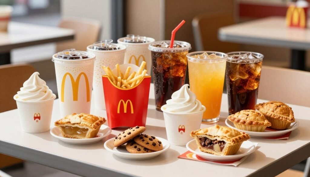 A vibrant arrangement of McDonald's Value Menu drinks and desserts displayed on a sleek, modern table. Foreground features a variety of colorful soft drinks in iconic McDonald's cups, with bright red straws, showcasing flavors like cola, orange, and iced coffee. Accompanying the drinks are delectable desserts, including creamy vanilla soft serve in a cup, warm apple pies with golden crust, and chocolate chip cookies, all presented appealingly. In the middle, the focus is on a cheerful ambiance with natural sunlight streaming in, enhancing the colors of the beverages and pastries. The background features a faint outline of a McDonald's restaurant interior, adding to the authenticity. Use soft lighting to create a warm and inviting atmosphere, emphasizing freshness and indulgence. The composition should evoke a sense of nostalgia and comfort, appealing to fast-food enthusiasts.