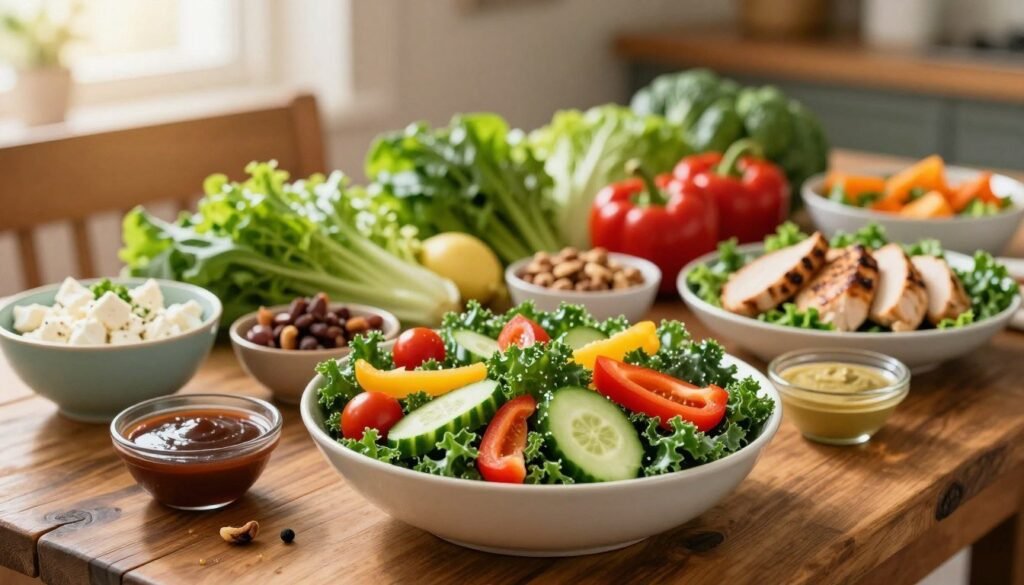 A vibrant display of customizable salads, featuring a variety of fresh ingredients artfully arranged on a rustic wooden table. In the foreground, showcase a large bowl of kale salad topped with cherry tomatoes, slices of cucumber, and colorful bell peppers. Surround it with smaller bowls filled with various toppings like crumbled feta cheese, grilled chicken, nuts, and a selection of dressings. In the middle ground, highlight a selection of fresh greens and vegetables in an inviting, sunlit atmosphere. Soft, warm lighting creates a cheerful ambiance, emphasizing the freshness of the produce. The background softly blurs to suggest a cozy dining space, enhancing the inviting feel. Capture the essence of customization and freshness, inspiring readers to create their perfect salad.
