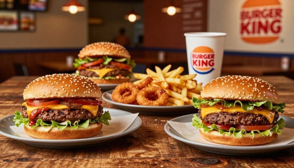 A vibrant, mouth-watering spread of Burger King secret menu items arranged on a rustic wooden table. In the foreground, highlight unique regional specialties like the "Pizza Burger" and "Suicide Burger," each meticulously plated with fresh toppings and sauces. In the middle ground, display a colorful array of sides such as loaded fries and onion rings, showcasing their crispy textures. In the background, a warm, inviting Burger King restaurant interior, with subtle ambient lighting casting a cozy glow, hints at a bustling atmosphere. Capture this scene from a slight overhead angle with a shallow depth of field to focus on the food, evoking a sense of discovery and excitement about these hidden menu treasures, suitable for food lovers and enthusiasts.
