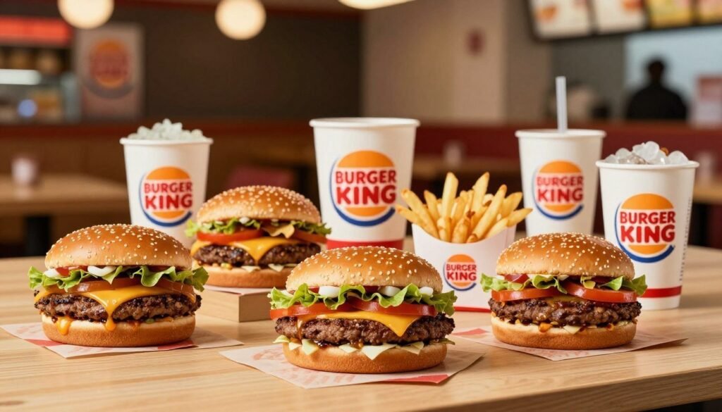A visually appealing comparison of Burger King's value menu items presented on a clean, modern table. In the foreground, a variety of signature value menu items are displayed, including burgers, fries, and drinks, each portioned attractively. In the middle, a prominent Burger King logo subtly appears, alongside a contrasting selection of competitor fast-food items, inviting a visual comparison. The background features a blurred but recognizable fast-food environment, emitting a warm, inviting ambiance with soft lighting. The angle should be slightly above eye level, capturing the array enticingly, while maintaining a vibrant color palette that emphasizes the freshness of the food. The atmosphere is friendly and appetizing, highlighting affordable yet appealing meal options without any distracting text or logos. A visually appealing comparison of Burger King's value menu items presented on a clean, modern table. In the foreground, a variety of signature value menu items are displayed, including burgers, fries, and drinks, each portioned attractively. In the middle, a prominent Burger King logo subtly appears, alongside a contrasting selection of competitor fast-food items, inviting a visual comparison. The background features a blurred but recognizable fast-food environment, emitting a warm, inviting ambiance with soft lighting. The angle should be slightly above eye level, capturing the array enticingly, while maintaining a vibrant color palette that emphasizes the freshness of the food. The atmosphere is friendly and appetizing, highlighting affordable yet appealing meal options without any distracting text or logos.