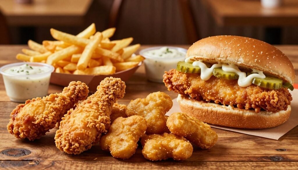 A visually appealing display of Burger King’s secret chicken and fish menu items. In the foreground, a beautifully arranged platter featuring crispy fried chicken tenders, spicy chicken nuggets, and a fish sandwich garnished with tartar sauce and pickles. The middle ground includes a rustic wooden table with a side of seasoned fries and a delicious dipping sauce. In the background, soft, warm lighting creates a cozy fast-food restaurant atmosphere, highlighting the golden colors of the food. The angle is slightly above eye level, giving an inviting view of the delicious dishes. The mood is casual and appetizing, enticing viewers to explore these hidden menu options. No text, logos, or distractions in the image. A visually appealing display of Burger King’s secret chicken and fish menu items. In the foreground, a beautifully arranged platter featuring crispy fried chicken tenders, spicy chicken nuggets, and a fish sandwich garnished with tartar sauce and pickles. The middle ground includes a rustic wooden table with a side of seasoned fries and a delicious dipping sauce. In the background, soft, warm lighting creates a cozy fast-food restaurant atmosphere, highlighting the golden colors of the food. The angle is slightly above eye level, giving an inviting view of the delicious dishes. The mood is casual and appetizing, enticing viewers to explore these hidden menu options. No text, logos, or distractions in the image.