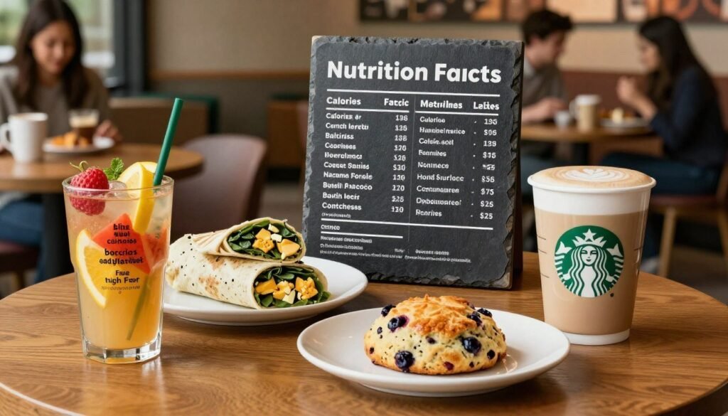 A visually appealing layout of Starbucks breakfast items on a wooden table, showcasing a variety of popular menu offerings like a spinach and feta egg white wrap, a warm blueberry scone, and a grande caramel macchiato. The foreground features an elegant glass with colorful fruits displaying their nutritional benefits, such as low calories and high fiber. In the middle, nutrition facts displayed on a rustic slate board, highlighting calories, protein, and other key nutrients associated with each item. The background captures a cozy Starbucks ambiance with soft lighting, warm earth tones, and blurred patrons enjoying their meals. The atmosphere is inviting and lively, encouraging viewers to make informed choices about their breakfast selections. The overall composition is clean and professional, suitable for an informative article. A visually appealing layout of Starbucks breakfast items on a wooden table, showcasing a variety of popular menu offerings like a spinach and feta egg white wrap, a warm blueberry scone, and a grande caramel macchiato. The foreground features an elegant glass with colorful fruits displaying their nutritional benefits, such as low calories and high fiber. In the middle, nutrition facts displayed on a rustic slate board, highlighting calories, protein, and other key nutrients associated with each item. The background captures a cozy Starbucks ambiance with soft lighting, warm earth tones, and blurred patrons enjoying their meals. The atmosphere is inviting and lively, encouraging viewers to make informed choices about their breakfast selections. The overall composition is clean and professional, suitable for an informative article.