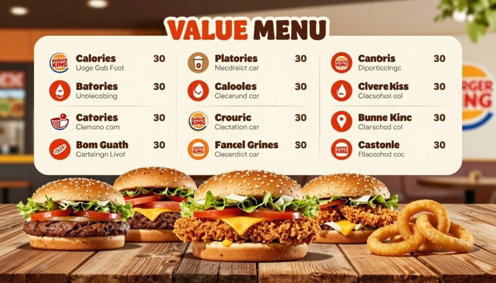 A visually engaging infographic depicting the nutritional information of Burger King's value menu items. In the foreground, display a colorful assortment of Burger King menu items, such as flame-grilled burgers, crispy chicken sandwiches, and onion rings, arranged appealingly on a rustic wooden table. The middle ground should feature clear, easy-to-read nutritional facts presented in an organized layout, using vibrant colors and icons for calories, fats, and proteins, making the information eye-catching. In the background, subtly incorporate a blurred image of a Burger King restaurant to add context. Use bright, natural lighting to evoke a fresh and inviting atmosphere, with a slight overhead angle that captures the allure of the food while highlighting the nutritional details prominently. The overall mood should be informative yet appetizing, creating a sense of curiosity for potential customers. A visually engaging infographic depicting the nutritional information of Burger King's value menu items. In the foreground, display a colorful assortment of Burger King menu items, such as flame-grilled burgers, crispy chicken sandwiches, and onion rings, arranged appealingly on a rustic wooden table. The middle ground should feature clear, easy-to-read nutritional facts presented in an organized layout, using vibrant colors and icons for calories, fats, and proteins, making the information eye-catching. In the background, subtly incorporate a blurred image of a Burger King restaurant to add context. Use bright, natural lighting to evoke a fresh and inviting atmosphere, with a slight overhead angle that captures the allure of the food while highlighting the nutritional details prominently. The overall mood should be informative yet appetizing, creating a sense of curiosity for potential customers.