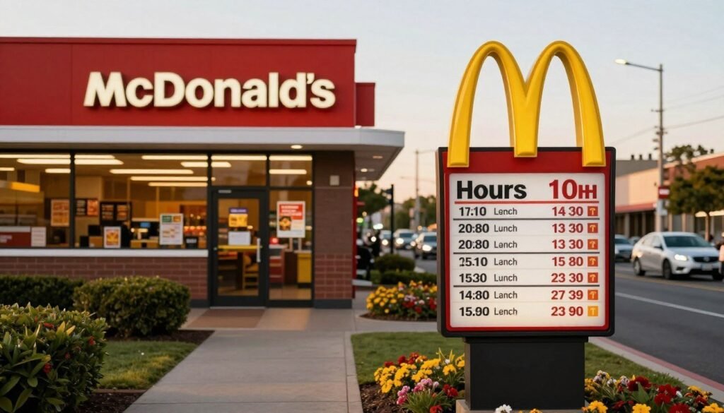 A well-lit McDonald's exterior during the golden hour, showcasing the iconic red and yellow colors of the restaurant. In the foreground, a large hours-of-operation sign prominently displays various operating hours, with bold numerals and clear labels for breakfast, lunch, and dinner times. In the middle, an inviting pathway leads up to the entrance, adorned with neatly trimmed bushes and flower beds. The background features a slightly blurred view of a busy street, with a few cars and pedestrians, suggesting an active environment. The overall mood is warm and welcoming, emphasizing convenience and accessibility. The image should capture an inviting atmosphere that encourages customers to visit, with soft, natural lighting enhancing the restaurant's exterior.