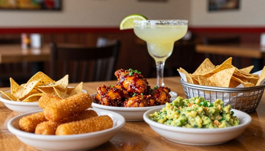 A beautifully arranged table featuring a selection of Chili's Happy Hour food options, including crispy mozzarella sticks, spicy chicken bites, and freshly made guacamole with tortilla chips. The foreground highlights vibrant, appetizing dishes, with textures emphasized by soft, natural lighting. In the middle, a chilled margarita and a basket of tortilla chips nestled next to the food items add to the atmosphere. The background subtly showcases a cozy Chili's restaurant setting, with warm, inviting colors and ambiance. Use a shallow depth of field to focus on the food, blurring the background slightly. Capture the mood of excitement and relaxation, creating an inviting scene perfect for Happy Hour dining. The shot is taken at eye level, emphasizing the delicious appeal of the food.