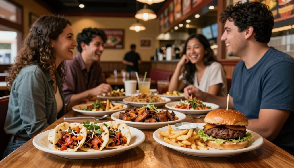 A cozy restaurant setting showcasing a vibrant and inviting dining experience. In the foreground, a beautifully arranged table with two enticing plates featuring popular entries from Chili's 2 for $25 menu, highlighting items like mouthwatering fajitas and delectable burgers. In the middle ground, cheerful diners in modest casual clothing share laughter over a lively meal, creating a warm and friendly atmosphere. The background reveals the restaurant's charming decor with dimmed lighting, wooden accents, and a slightly blurred view of a busy kitchen. The lens captures the scene from a slight angle to emphasize the delicious food while including a soft bokeh effect that enhances the inviting mood, making it feel like a perfect spot for a casual yet satisfying dining experience.