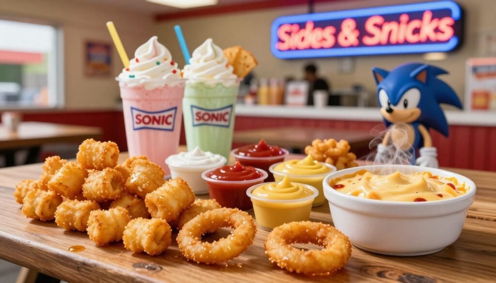 A vibrant and appetizing display of popular Sonic sides and snacks, arranged neatly on a wooden picnic table. In the foreground, showcase a variety of golden, crispy tater tots and onion rings, glistening with a light coating of oil. Beside them, a steaming bowl of cheesy chili con queso dip. In the middle, a colorful selection of dipping sauces in small cups, including ranch, ketchup, and honey mustard. The background features blurred images of Sonic's signature ice cream shakes and a retro-style neon sign promoting "Sides & Snacks." Soft, warm lighting creates an inviting atmosphere reminiscent of a sunny day at a fast-food drive-in, with a shallow depth of field to draw attention to the food.
