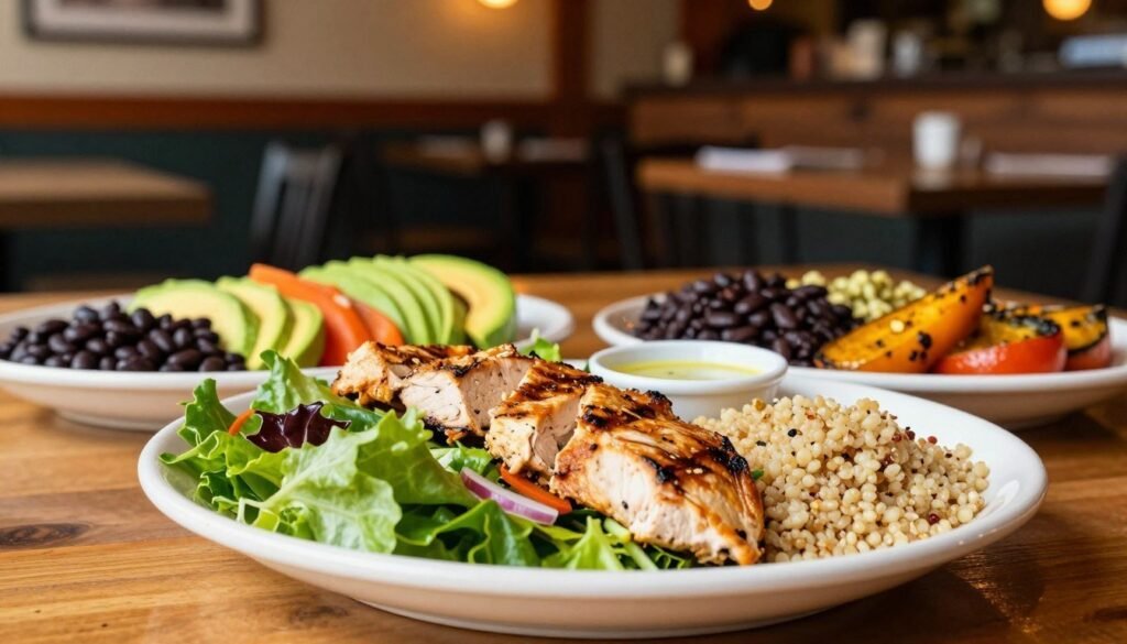 A vibrant and appetizing table setting featuring healthy options from Chili's menu. In the foreground, a beautifully arranged plate with grilled chicken salad, roasted vegetables, and a side of quinoa. The middle ground showcases a colorful selection of fresh side dishes like avocado slices, black beans, and a light vinaigrette dressing. In the background, a warm and inviting restaurant ambiance with soft lighting and rustic wooden decor enhances the setting. The angle captures the enticing details of the food while creating a welcoming atmosphere. The mood is cheerful and health-conscious, inviting viewers to explore nutritious dining choices. The image should have a natural, bright lighting effect, emphasizing the freshness of the ingredients without any text or overlays.