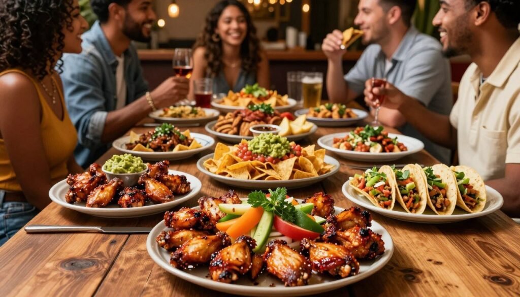 A vibrant arrangement of Chili's party platters showcasing an enticing variety of appetizers, including sizzling chicken wings, crispy tortilla chips with guacamole and salsa, loaded nachos, and flavorful mini tacos, all artistically presented on a large, rustic wooden table. In the foreground, a close-up of a platter garnished with fresh herbs and colorful veggies invites the viewer's attention. The middle ground features additional platters, attracting a diverse group of friends enjoying a casual gathering, dressed in comfortable, stylish semi-casual clothing, sharing laughter and camaraderie. In the background, warm lighting casts a cozy glow, evoking a festive atmosphere reminiscent of a lively party setting. The angle captures all elements beautifully, conveying the joyful essence of sharing delicious food among friends.