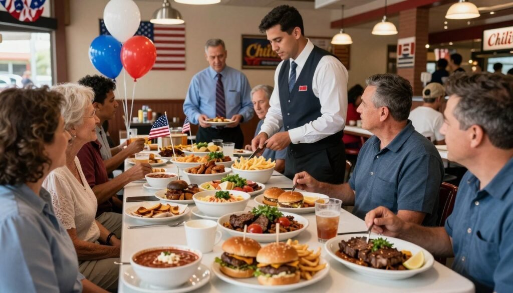 A vibrant scene depicting a festive Veterans Day celebration at a Chili's restaurant, showcasing a beautifully arranged table filled with delicious food specials. In the foreground, a colorful spread of classic American dishes, including bowls of chili, savory burgers, and hearty steak, garnished with fresh herbs. In the middle, waitstaff in smart casual attire warmly interact with customers, emphasizing a welcoming atmosphere. Background elements include patriotic decorations like small American flags and red, white, and blue balloons, under soft, ambient lighting creating a cozy warmth. A wide-angle view captures the bustling environment, embodying camaraderie and celebration, perfect for honoring veterans. The overall mood is cheerful and inviting, encouraging diners to enjoy their meal together.